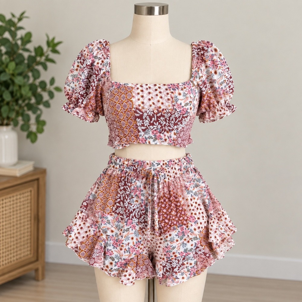 Amable Floral Patchwork Two Piece Set Crop Top Ruffle Shorts Pink Burgundy Boho